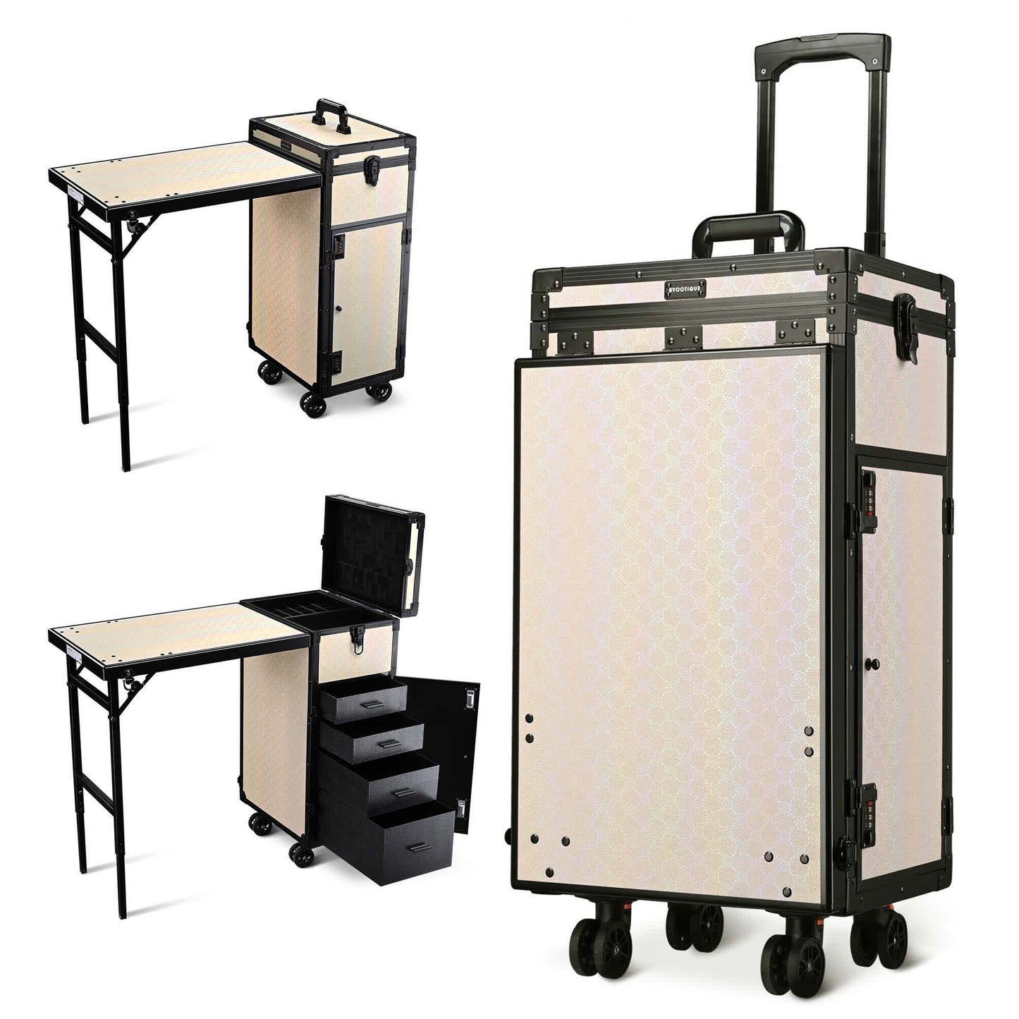 Yescom Byootique Aluminum Rolling Makeup Train Case with Table Salon Charm Cosmetic Organizer ForgetMeNo Apricot