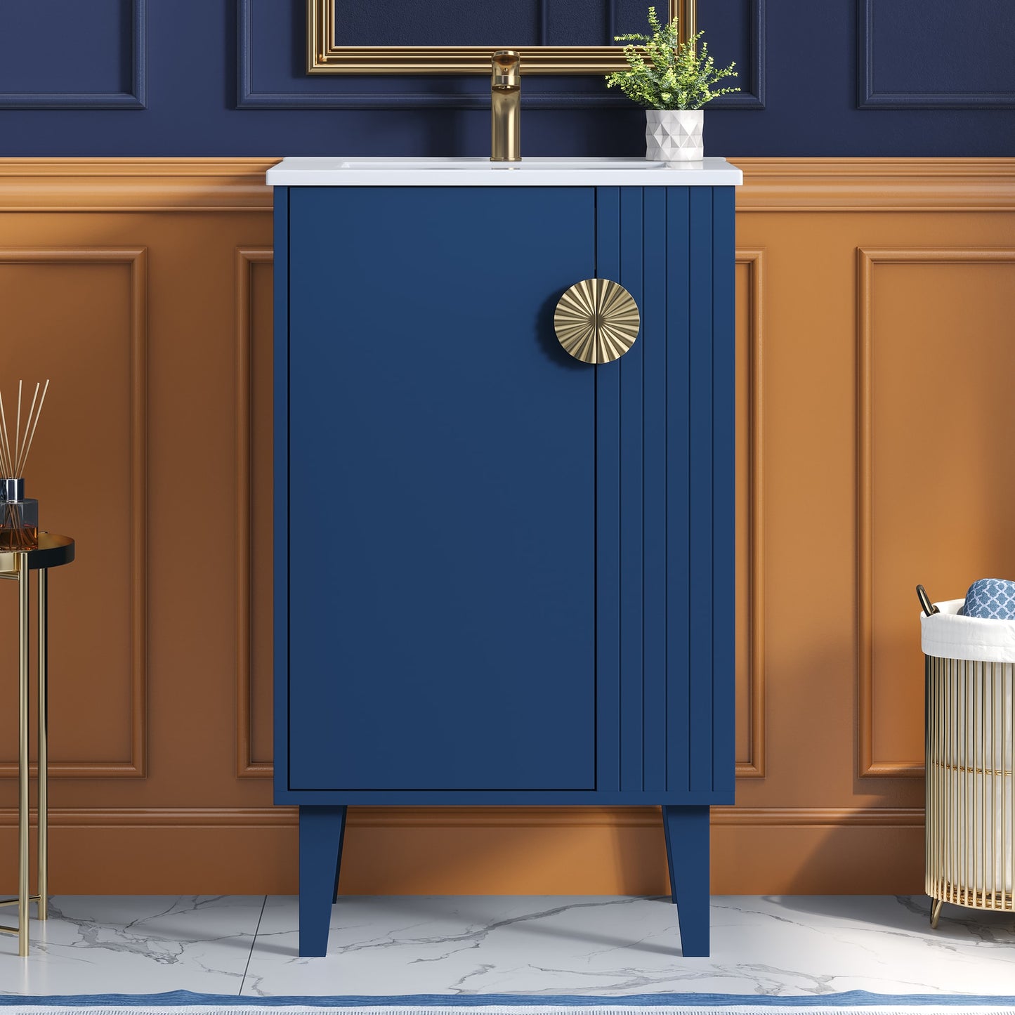 LOVMOR 20-inch Bathroom Vanity with Ceramic Sink Freestanding Single Vanity Set with Soft Closing Door Chic Half-Moon Pulls French Style Blue