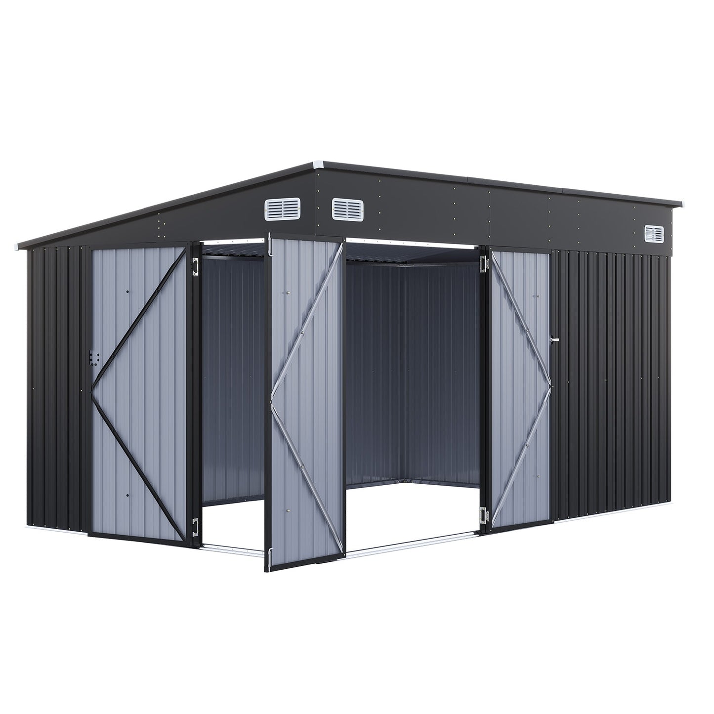 AOXUN  12x8FT Galvanized Steel Storage Shed Utility Shed with Triple Doors for Vertical Storage Dual Lock Lean to Shed with Sloped Roof for Mower Bike Garden Tools Black