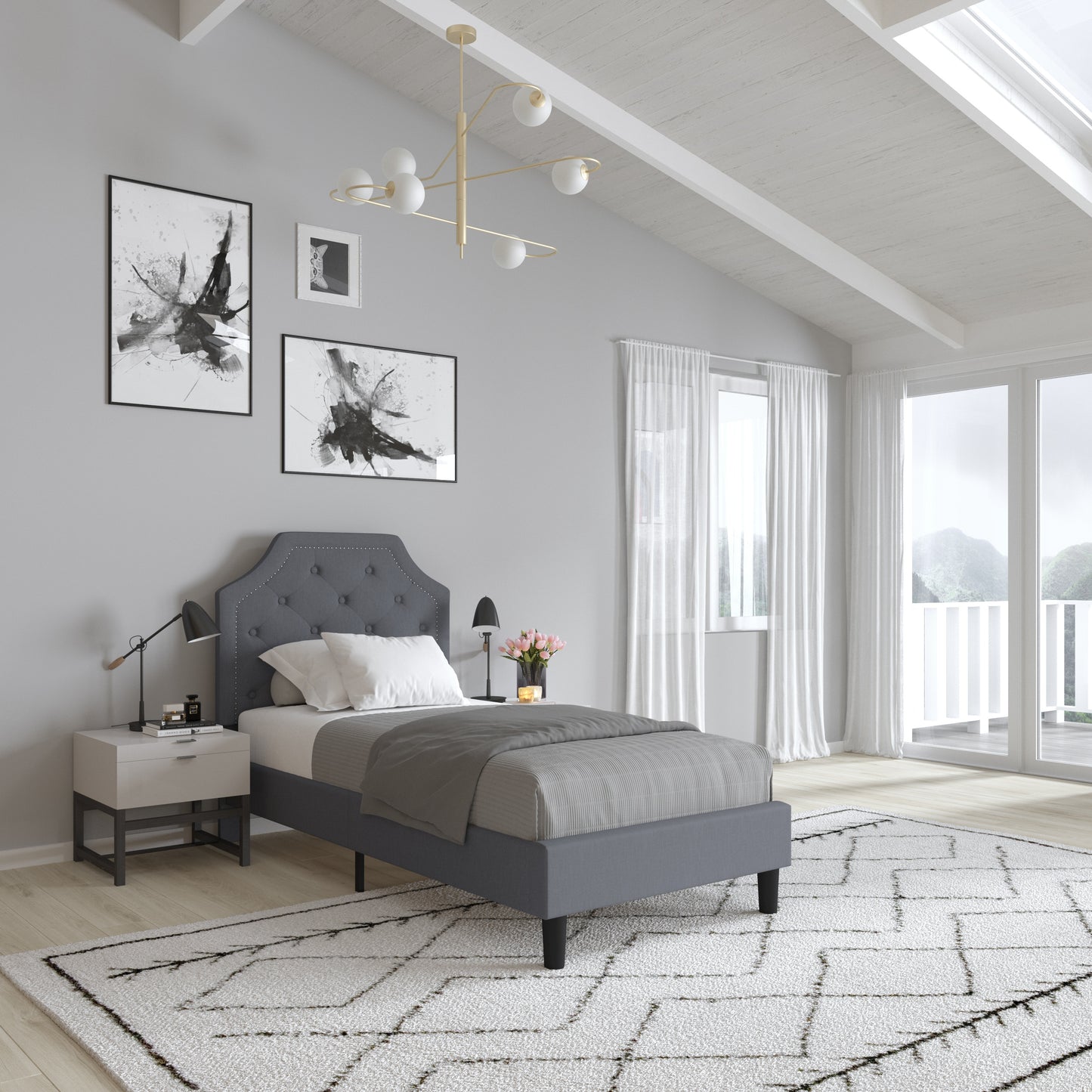 Merrick Lane Provence Twin Size Platform Bed with Slatted Support Contemporary Light Gray Tufted Fabric Upholstery with Gold Accent Nail Trim