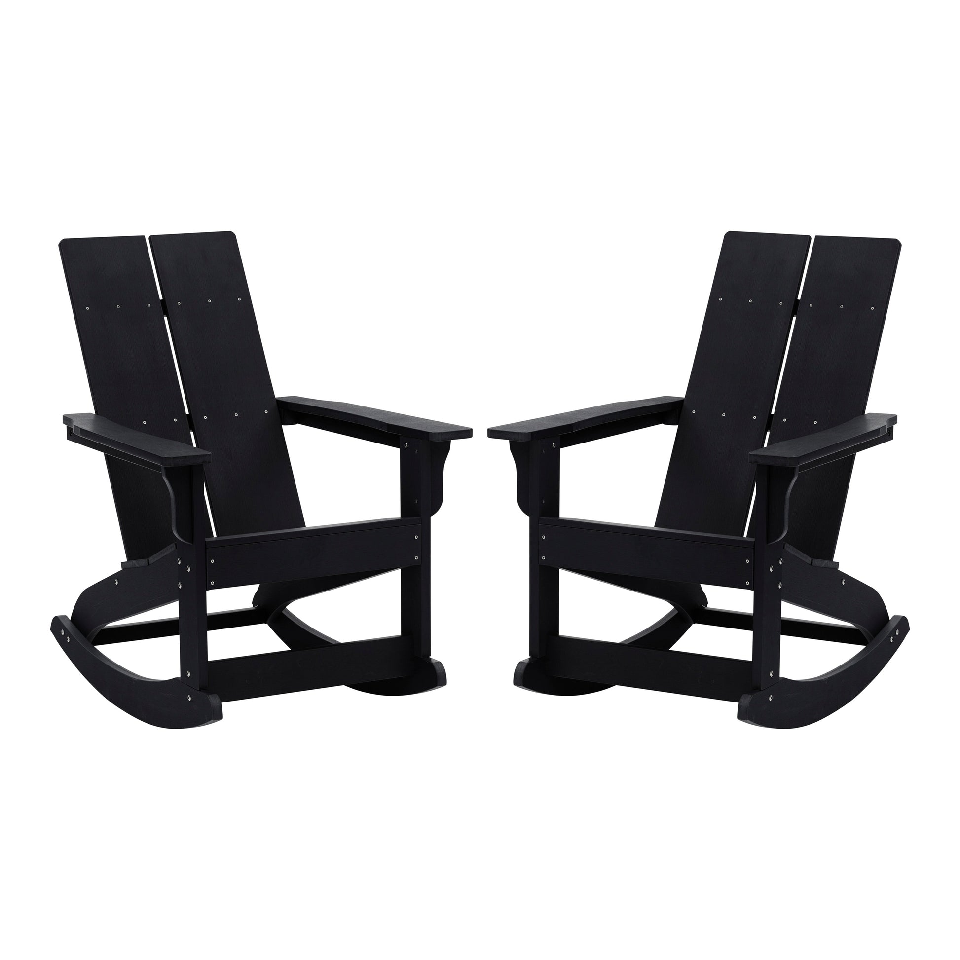 Flash Furniture Finn Modern Commercial Grade All-Weather 2-Slat Poly Resin Rocking Adirondack Chair with Rust Resistant Stainless Steel Hardware in Black - Set of2