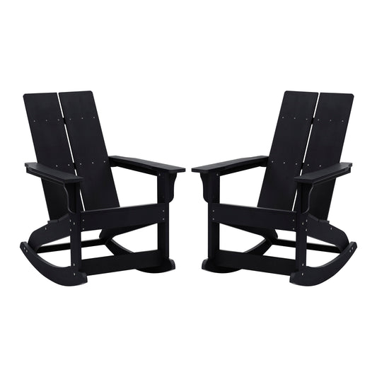 Flash Furniture Finn Modern Commercial Grade All-Weather 2-Slat Poly Resin Rocking Adirondack Chair with Rust Resistant Stainless Steel Hardware in Black - Set of2