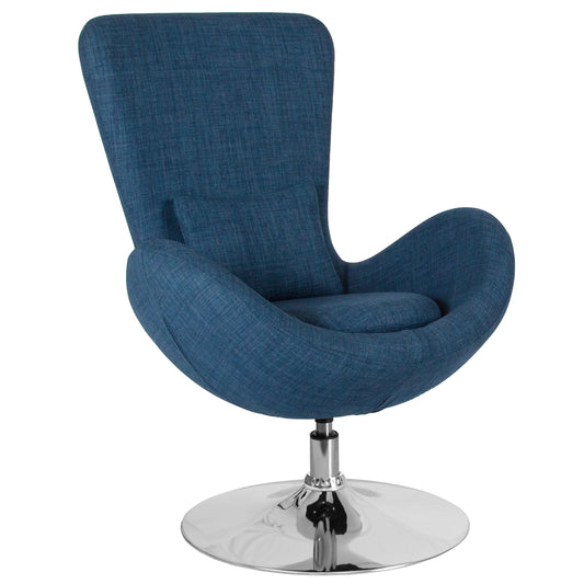 Merrick Lane Soro High-Back Egg Style Lounge Chair in Blue Fabric Upholstery With 360Â° Swivel Chrome Base