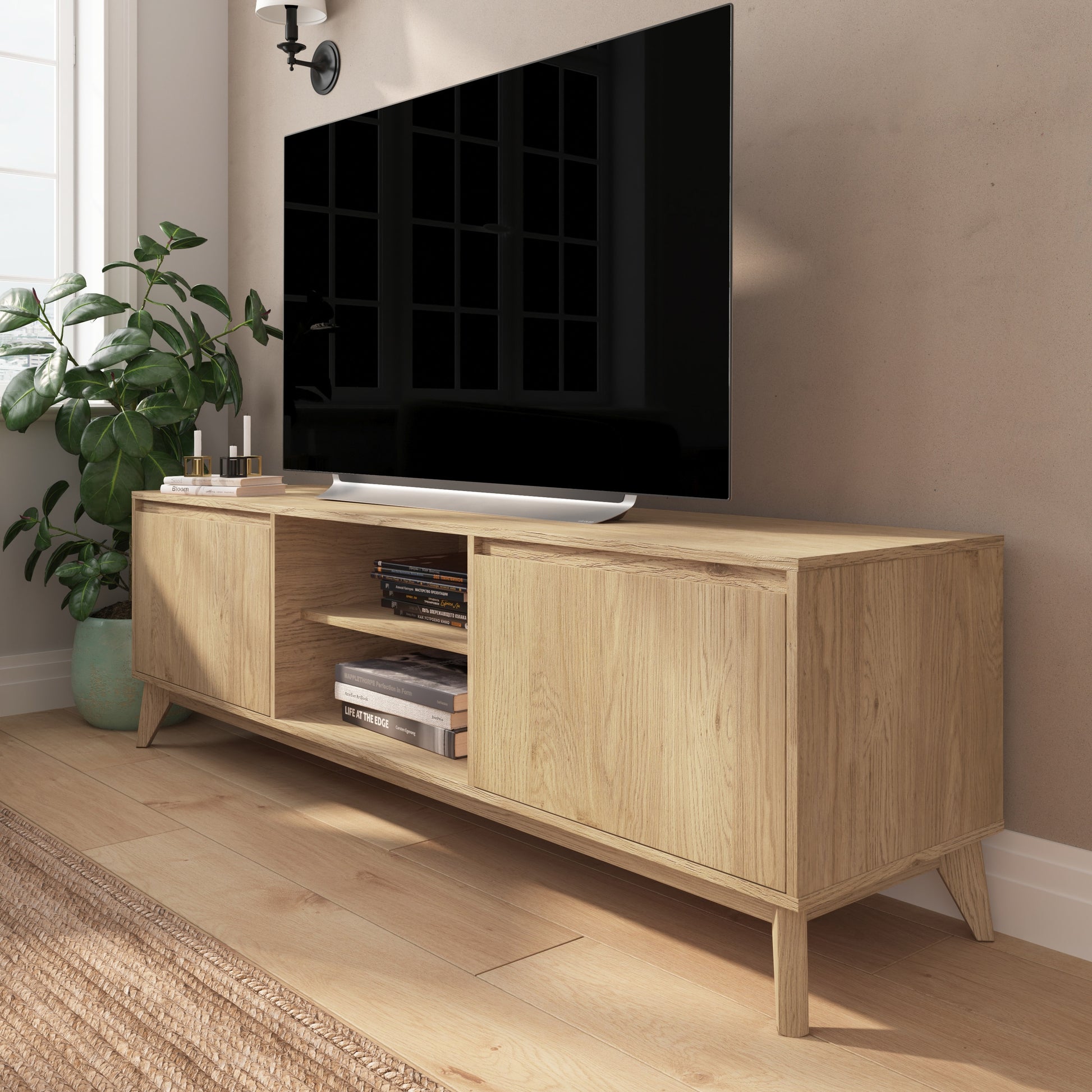 Merrick Lane Blakely 70-in Mid-Century Modern TV Stand Made with Durable Engineered Wood in Light Natural Accommodates 65+ TVs