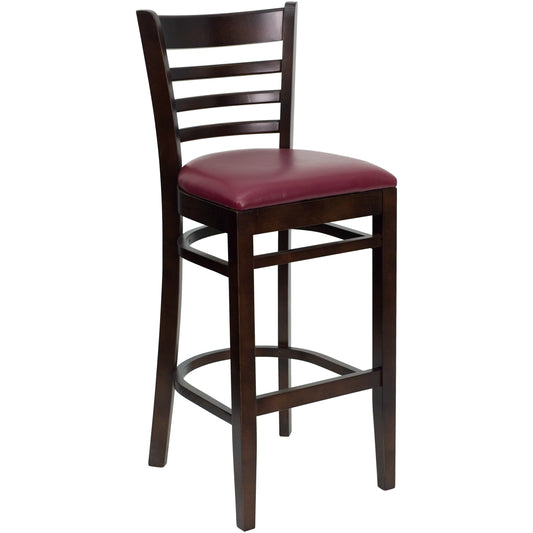 Emma + Oliver Ladder Back Walnut Wood Barstool; Burgundy Vinyl Seat