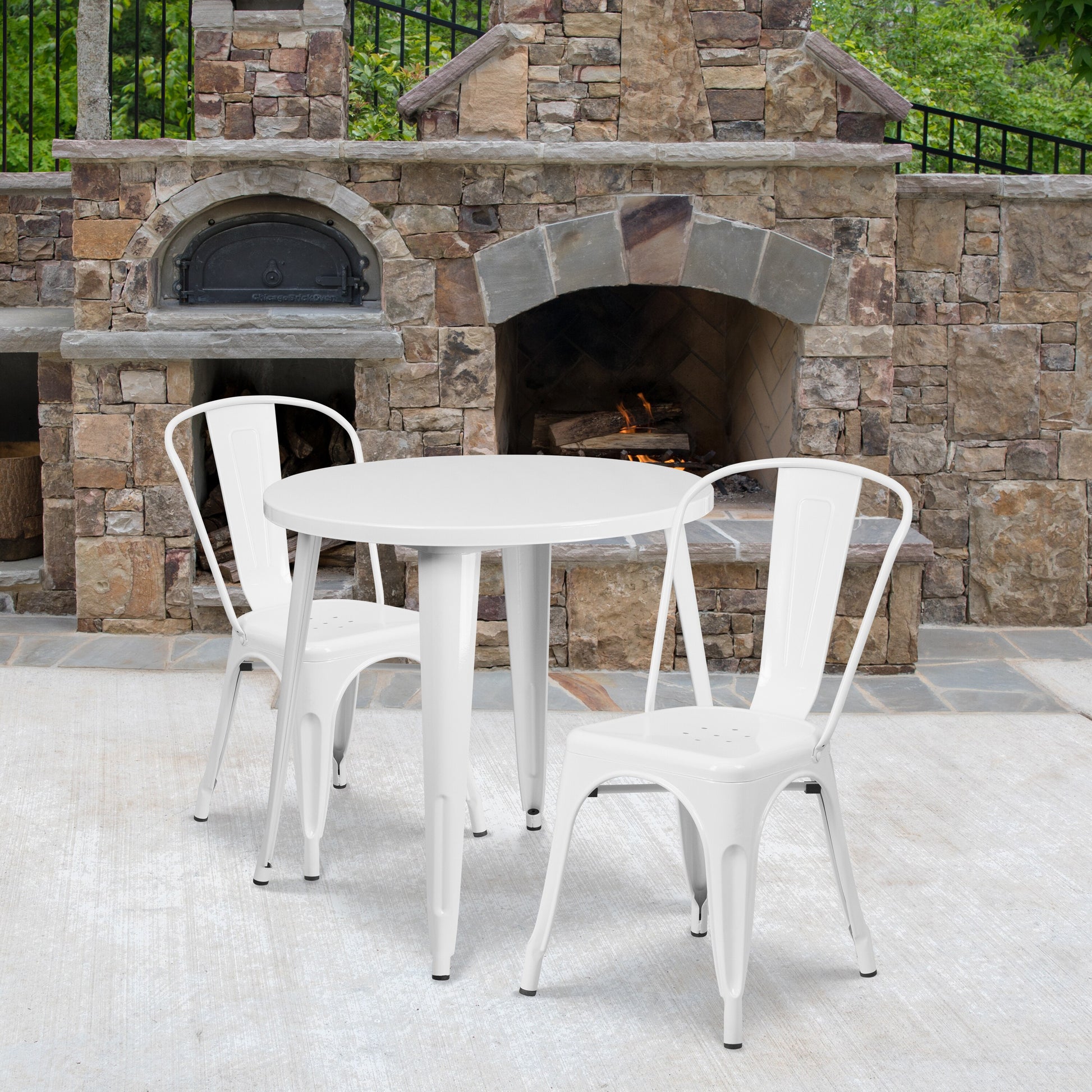 Emma + Oliver Commercial 30-in Round White Metal Indoor-Outdoor Table Set with 2 Cafe Chairs