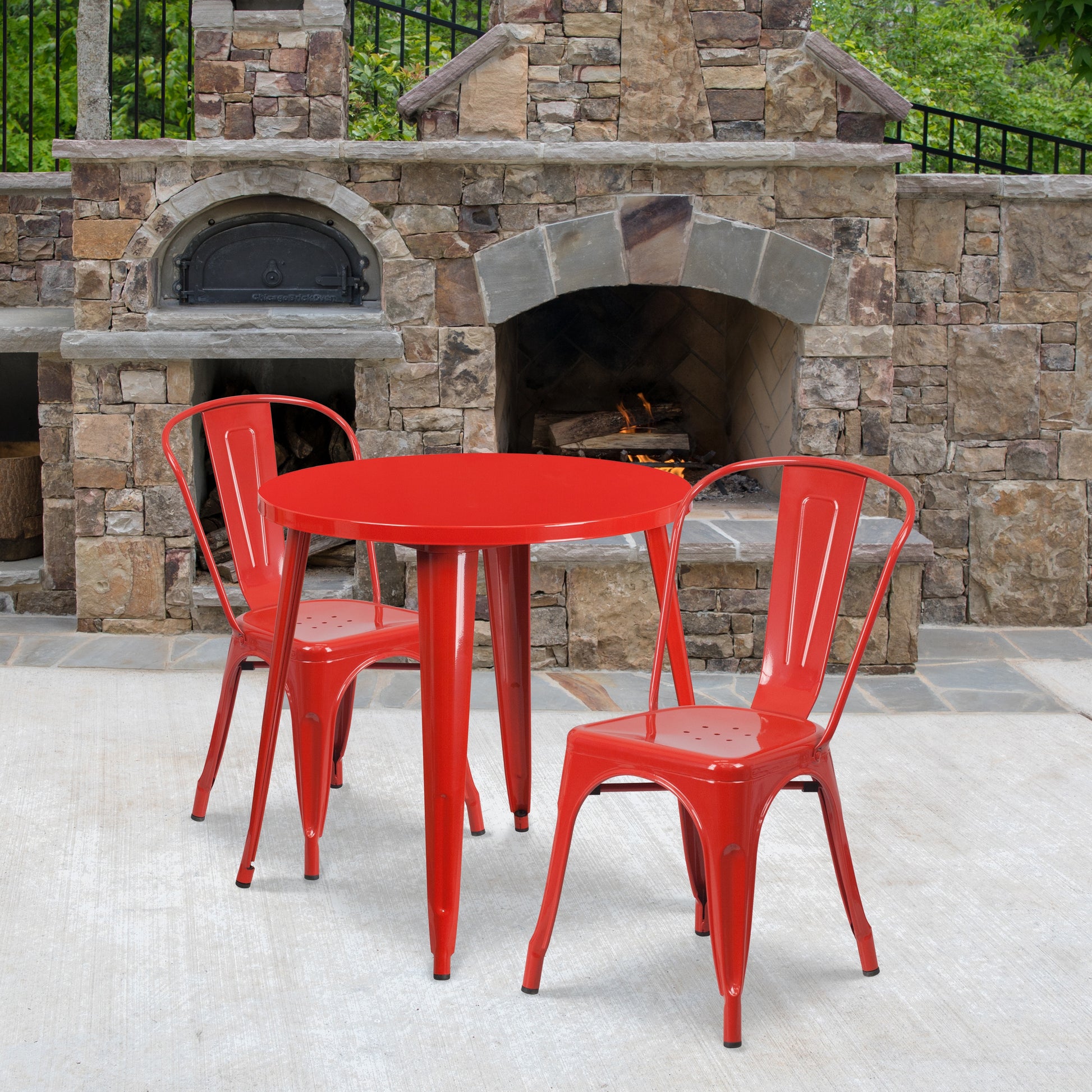 Emma + Oliver Commercial Grade 30-in Round Red Metal Indoor-Outdoor Table Set with 2 Cafe Chairs