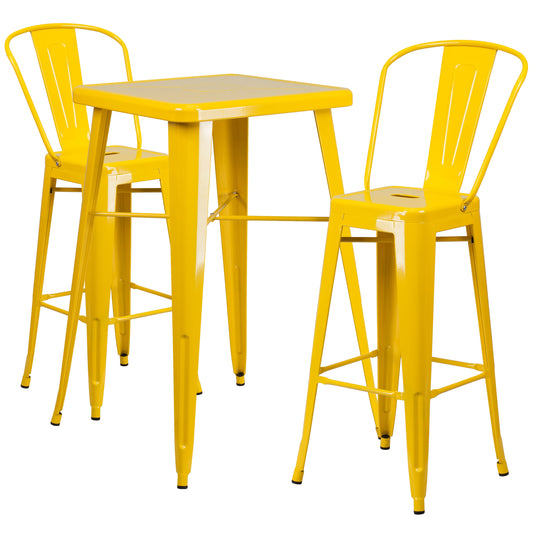 Emma + Oliver Commercial 23.75SQ Yellow Metal Indoor-Outdoor Bar Table Set-2 Stools-Backs
