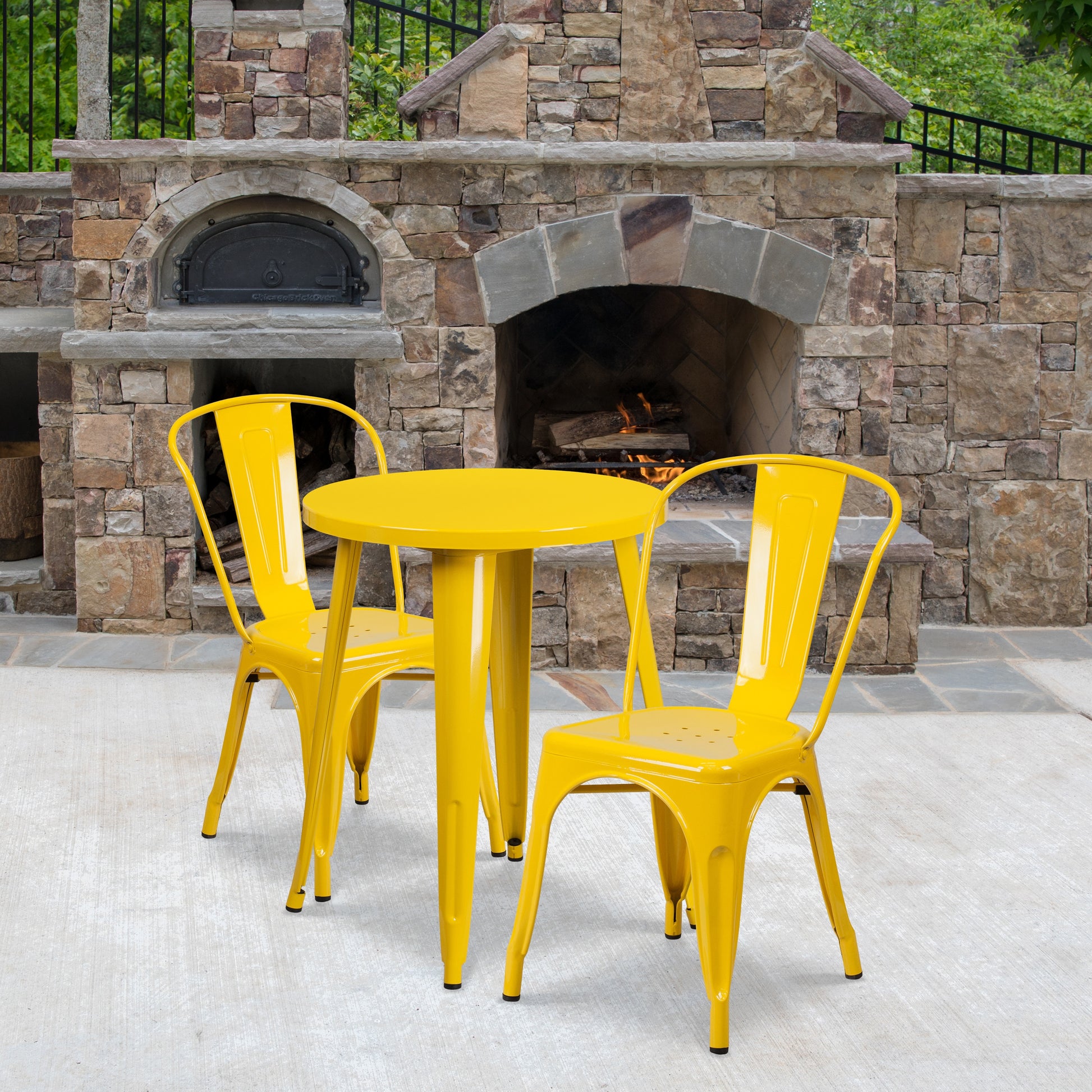 Emma + Oliver Commercial 24-in Round Yellow Metal Indoor-Outdoor Table Set with 2 Cafe Chairs