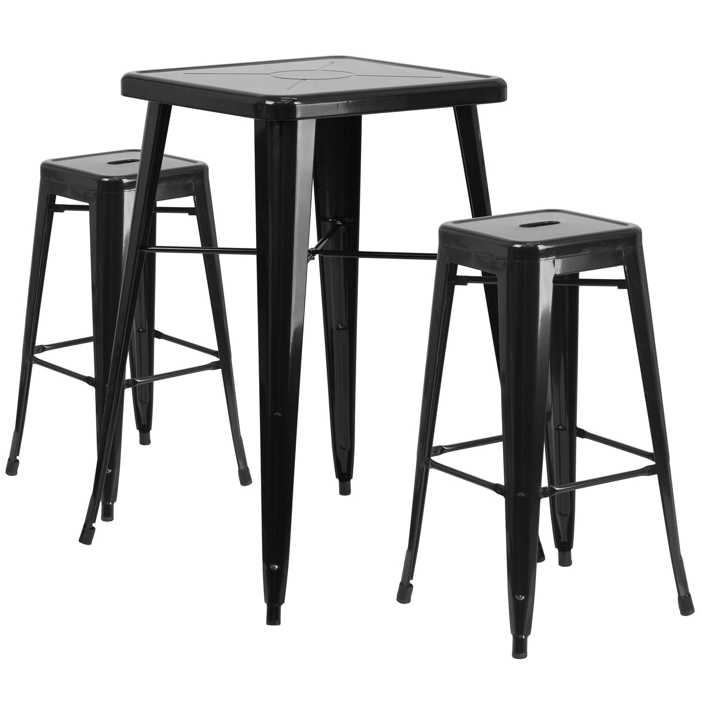 Emma + Oliver Commercial 23.75SQ Black Metal Indoor-Outdoor Bar Table Set-2 Backless Stools