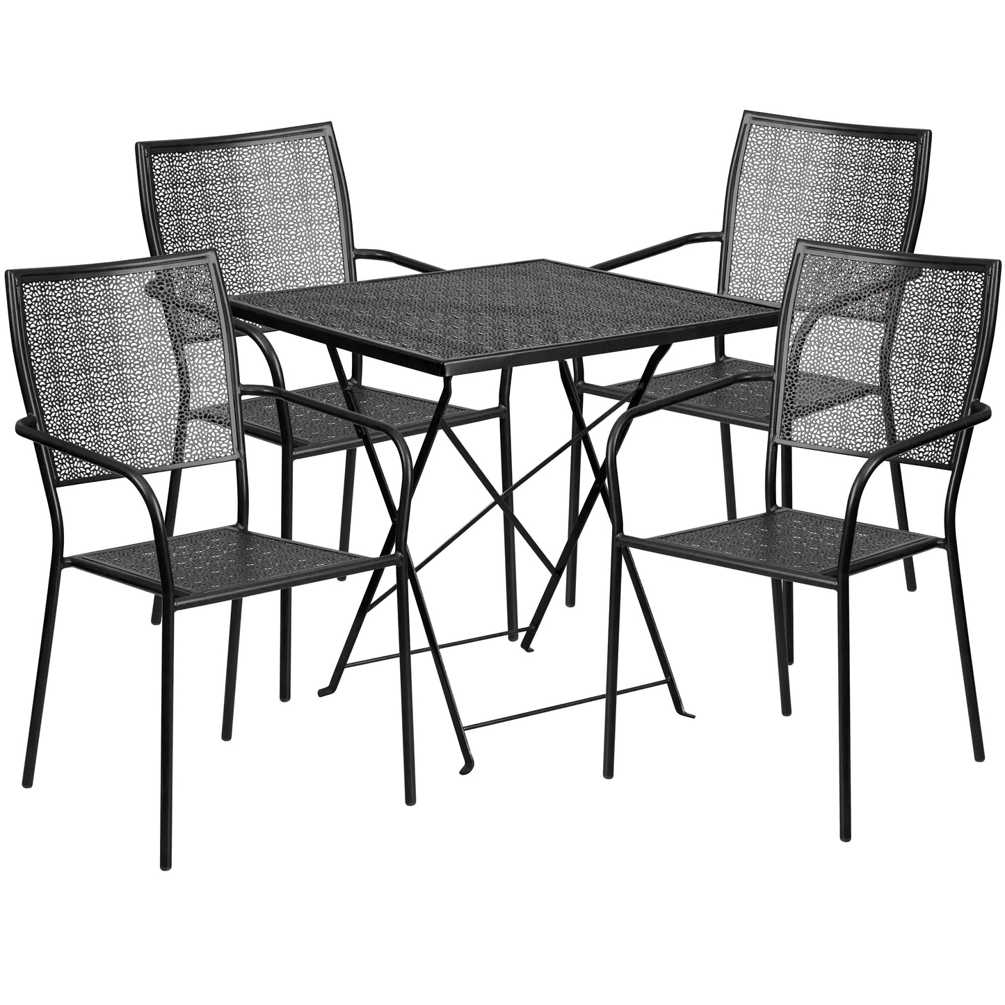 Emma + Oliver Commercial Grade 28-in Square Black Folding Patio Table Set-4 Square Back Chairs