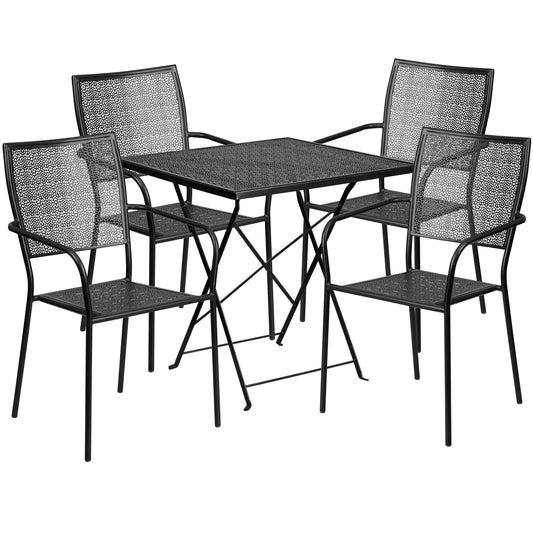 Emma + Oliver Commercial Grade 28-in Square Black Folding Patio Table Set-4 Square Back Chairs