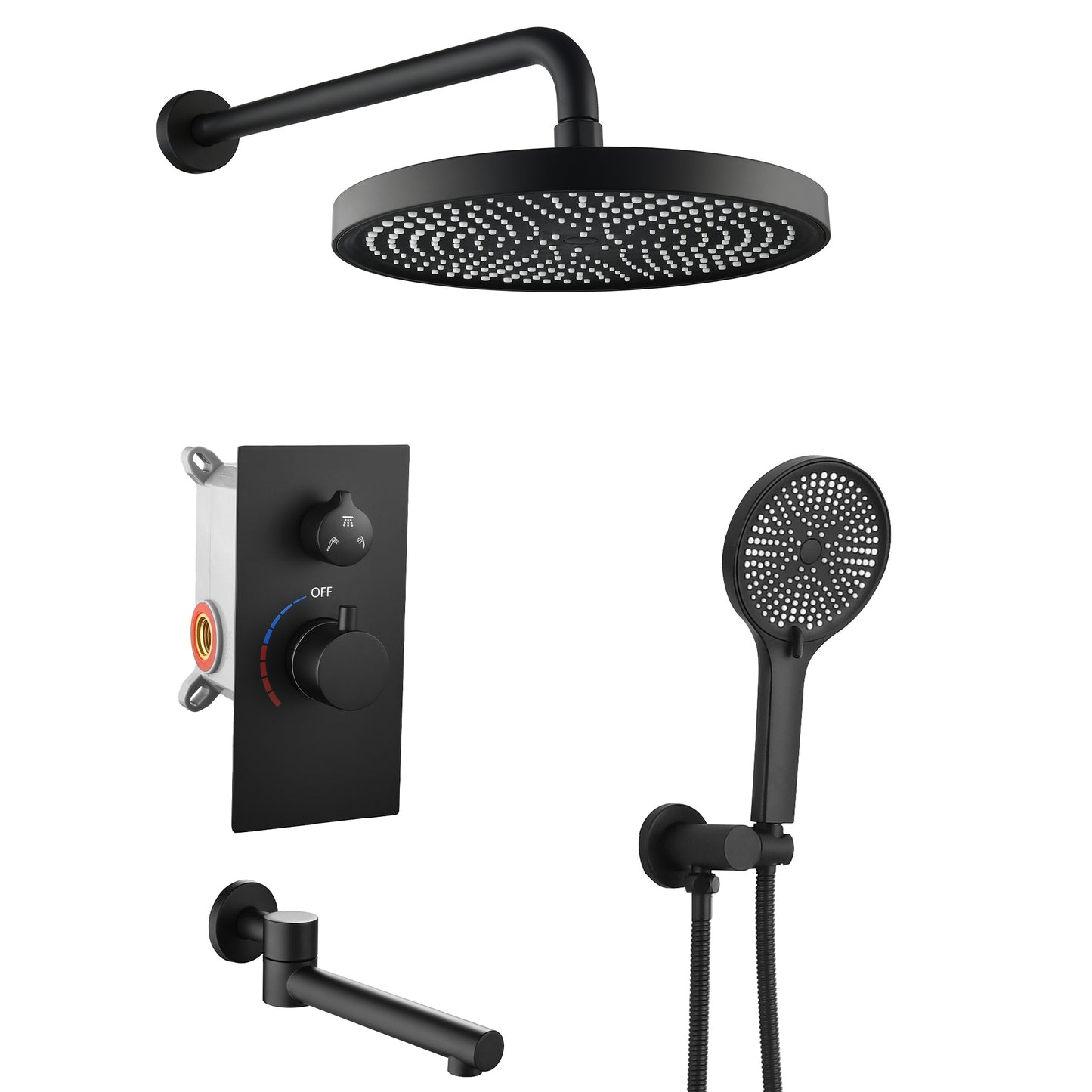 WELLFOR 10-inch Wall Shower System Matte Black 10-in Waterfall Built-In ShowerÂ FaucetÂ System with 3-way Diverter ( Ceramic Disc Valve Included )