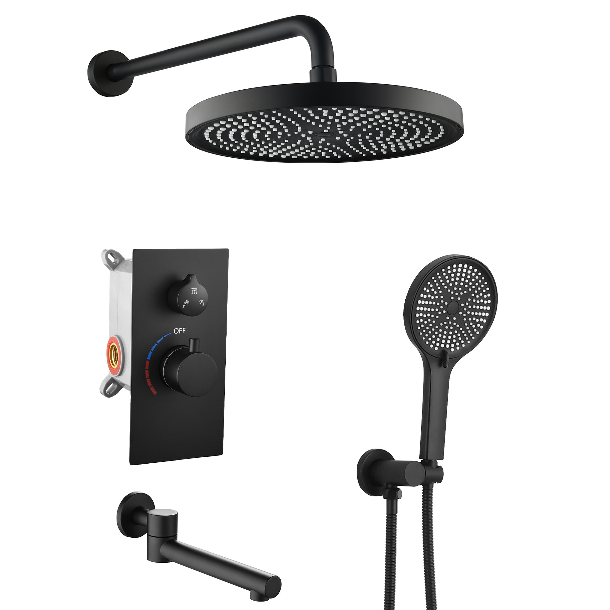 WELLFOR 10-inch Wall Shower System Matte Black 10-in Waterfall Built-In ShowerÂ FaucetÂ System with 3-way Diverter ( Ceramic Disc Valve Included )