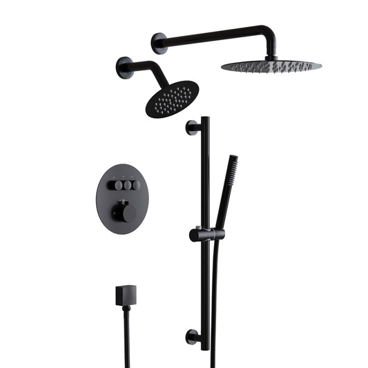 WELLFOR Matte Black 10-in Dual Head ShowerÂ FaucetÂ Bar System ( Thermostatic Valve Included )