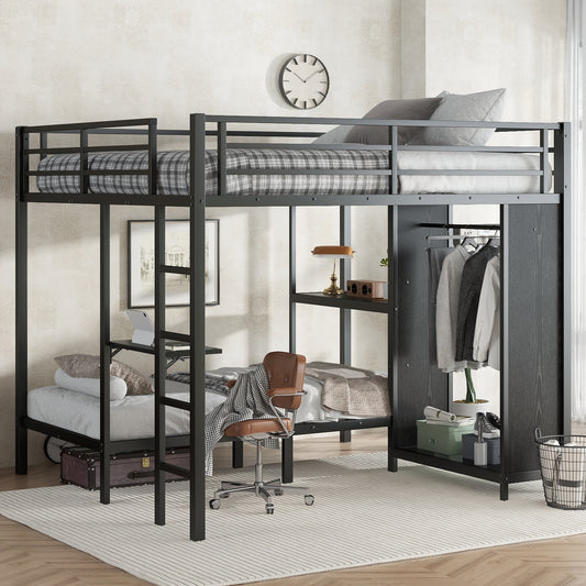 GDFStudio Black King over Twin XL Size Metal Bunk Bed Frame with Built-in Wardrobe Bunk Bed and Foldable Desk