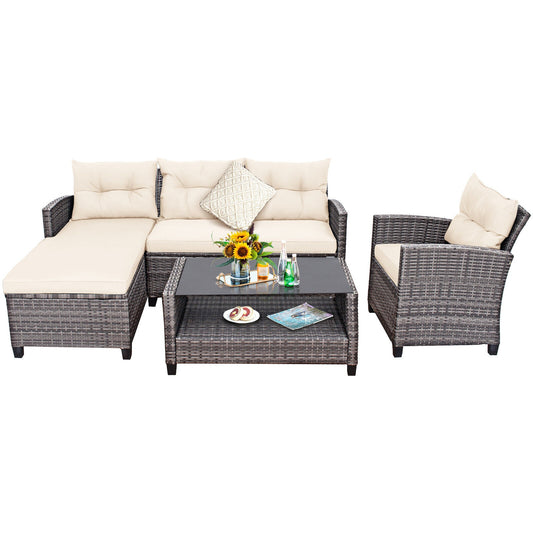 Slickblue 4-Piece Rattan Patio Sofa Set with Off-White Cushions Including Loveseat Lounge Chair Single Sofa and 2-Tier Tempered Glass Coffee Table for Patios Gardens or Balconies