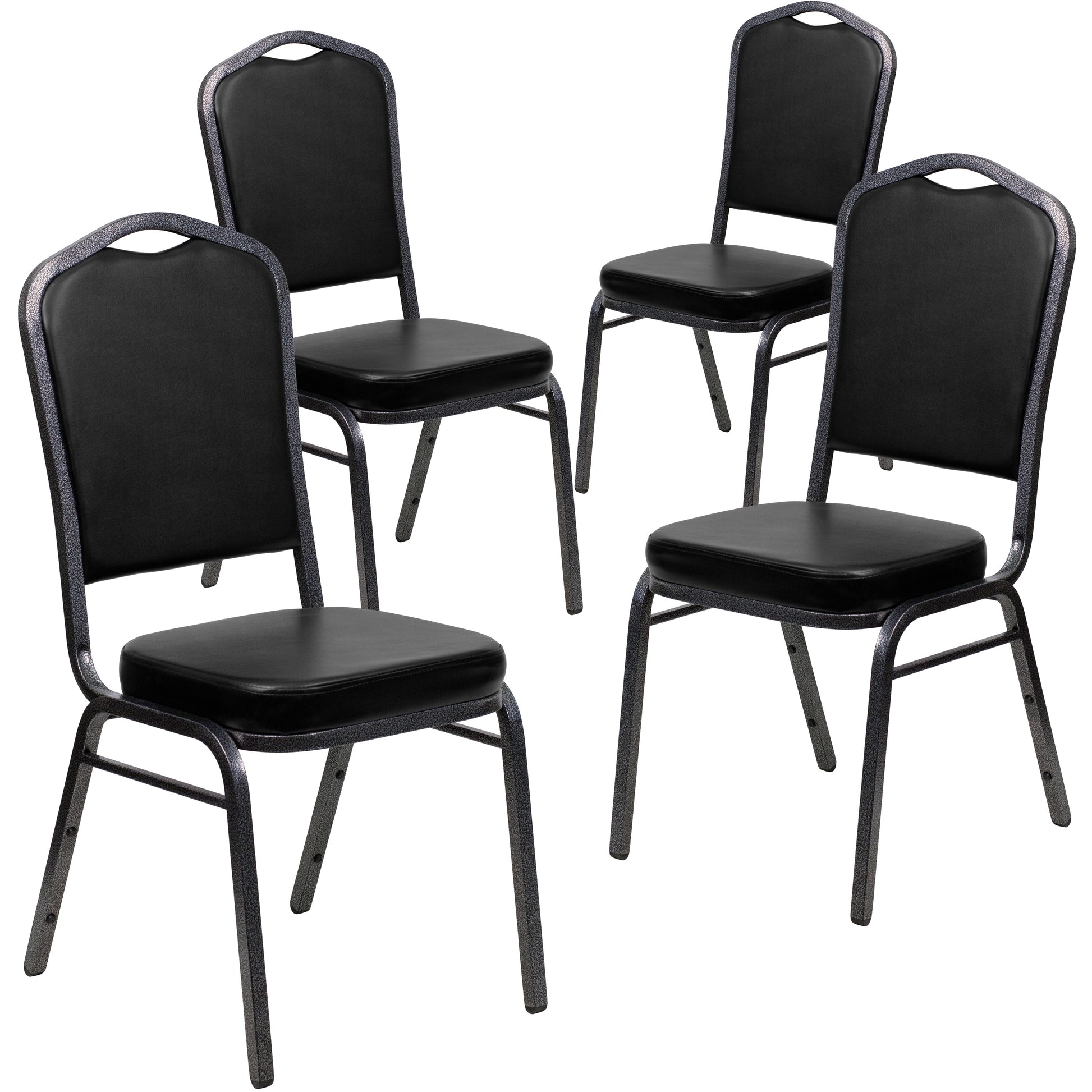 Emma + Oliver 4 Pack Crown Back Stacking Banquet Chair in Black Vinyl - Silver Vein Frame