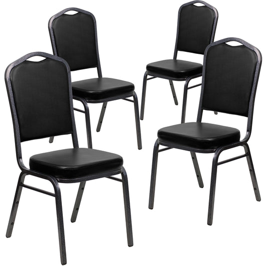 Emma + Oliver 4 Pack Crown Back Stacking Banquet Chair in Black Vinyl - Silver Vein Frame