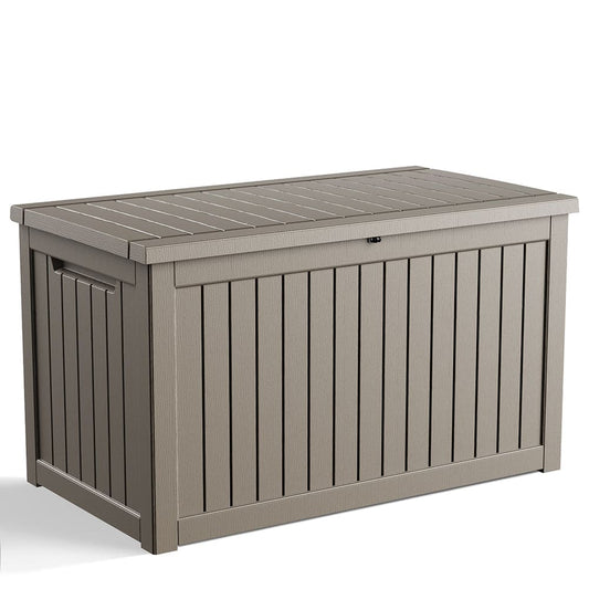 JUJABU Light Brown 230 Gallon Lockable Patio Outdoor Storage Box for Furniture Garden Tools Waterproof