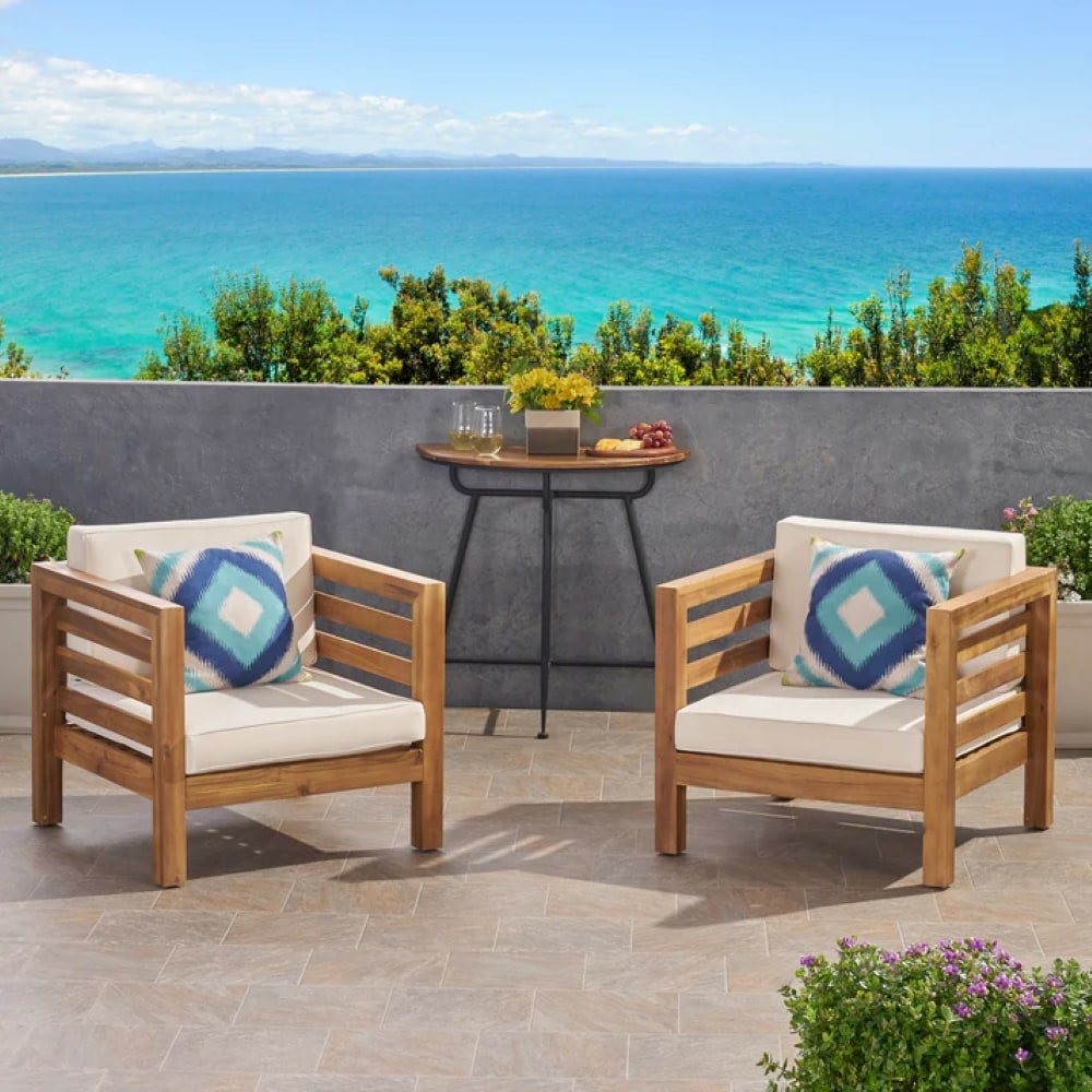 Christopher Knight Home Oana Outdoor Acacia Wood Upholstered Club Chairs with Cushions (Set of 2)-Beige and Teak Finish