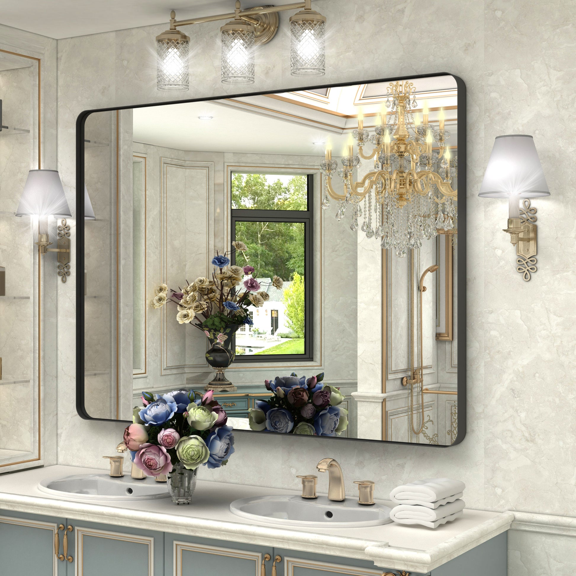 JANSNO Ptjz 48-in x 36-in Framed Rectangle Bathroom Vanity Mirror ( Black )