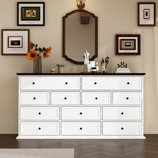   Vintage Storage Dresser with 12 Drawers Black Handles and Brown Top Modern Wood Dresser Chest of Drawers 61''L x 15.7''W x 31.5''H White
