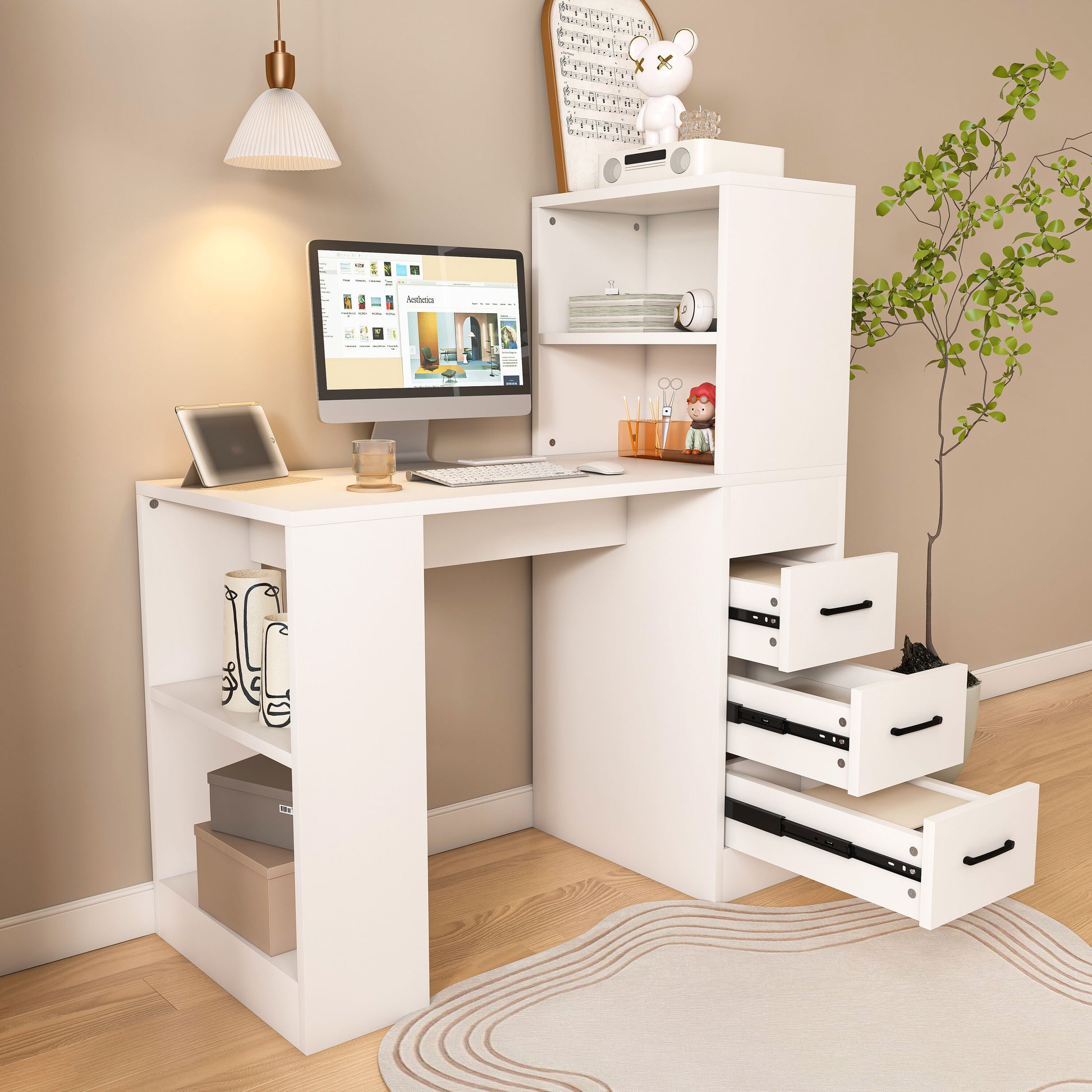 LOVMOR White Computer Desk with 4-in-1 Socket the Desk with 3 Slide Drawers and 4 Storage Levels