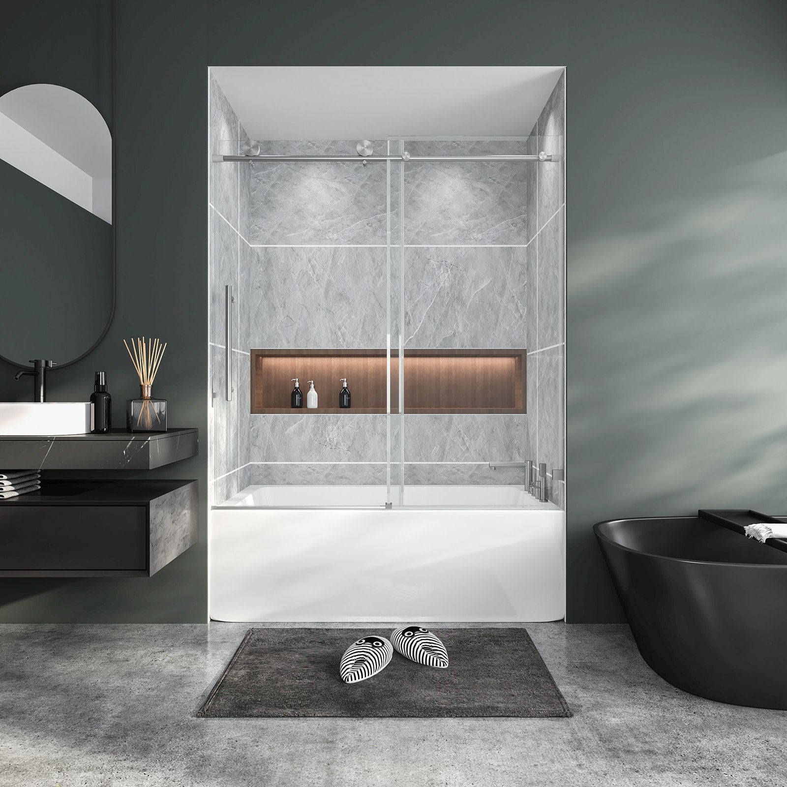 LOVMOR Frameless Sliding Shower Door 6mm SGCC Tempered Glass Stainless Steel Hardware Adjustable Bumper Brushed Nickel