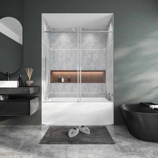 LOVMOR Frameless Sliding Shower Door 6mm SGCC Tempered Glass Stainless Steel Hardware Adjustable Bumper Brushed Nickel