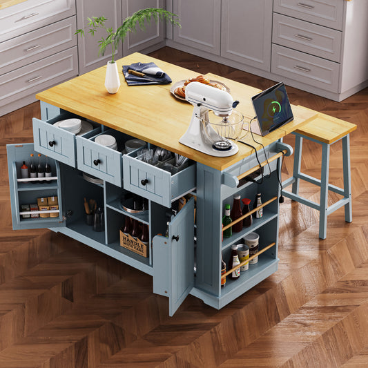 LOVMOR 53inch Large Kitchen Island with Drop Leaf Power Outlet Door Internal Storage Rack Rolling Kitchen Cart on 5 Wheels with 5 Open Side Racks for Kitchen Dining Room Grey Blue Not include bar stools