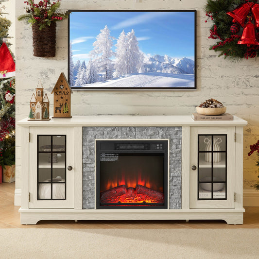 LOVMOR 58 Modern TV Stand 2 Door Storage 18 Electric Fireplace Faux Stone White Entertainment Center