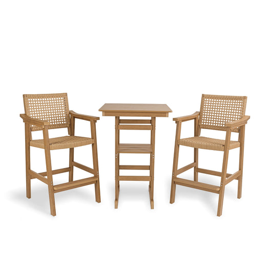 Fortune Candy 3 Piece Poly Lumber Weather Resistant Patio Bar Set Includes PE Rattan Outdoor Bar Stools with HIPS Table