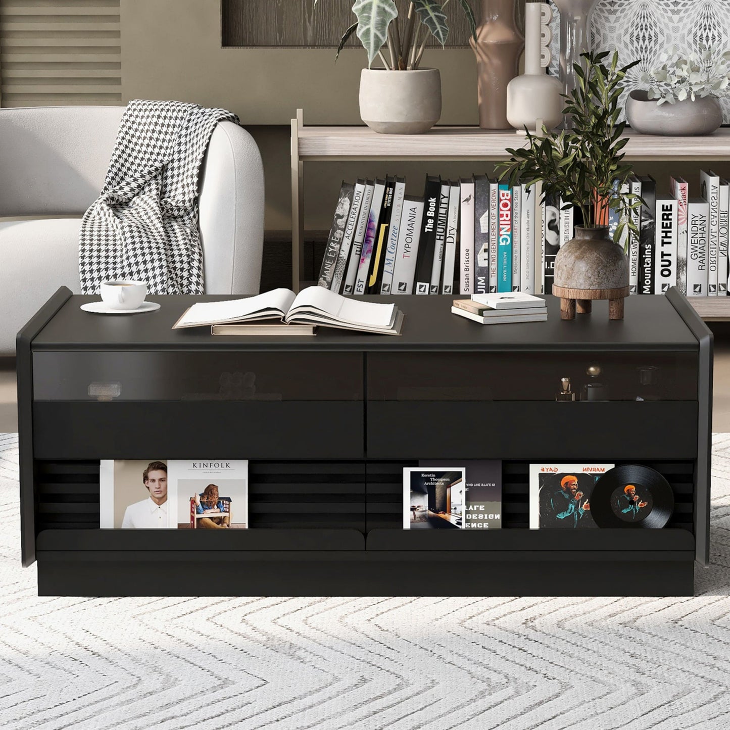GlasFlength  Modern Rectangle Coffee Table with 4 Drawers 2 Display Shelves Living Room Sofa Table Wood Storage Tables Black