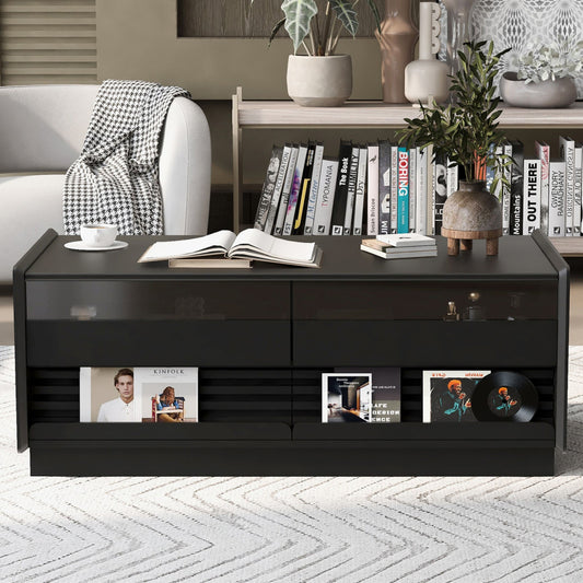 GlasFlength  Modern Rectangle Coffee Table with 4 Drawers 2 Display Shelves Living Room Sofa Table Wood Storage Tables Black