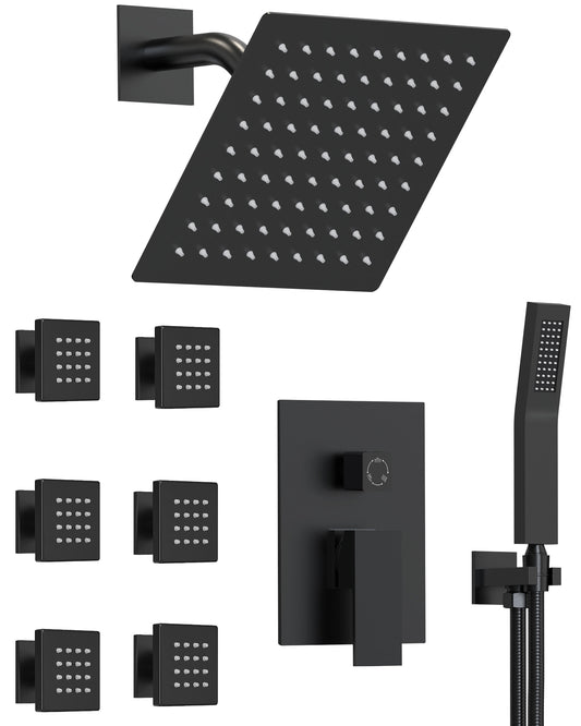 GRANDJOY 3-Spray 10 in Wall Mounted Square Shower System with Hand Shower 6 Body Jets and Valve in Matteâ€¯Black