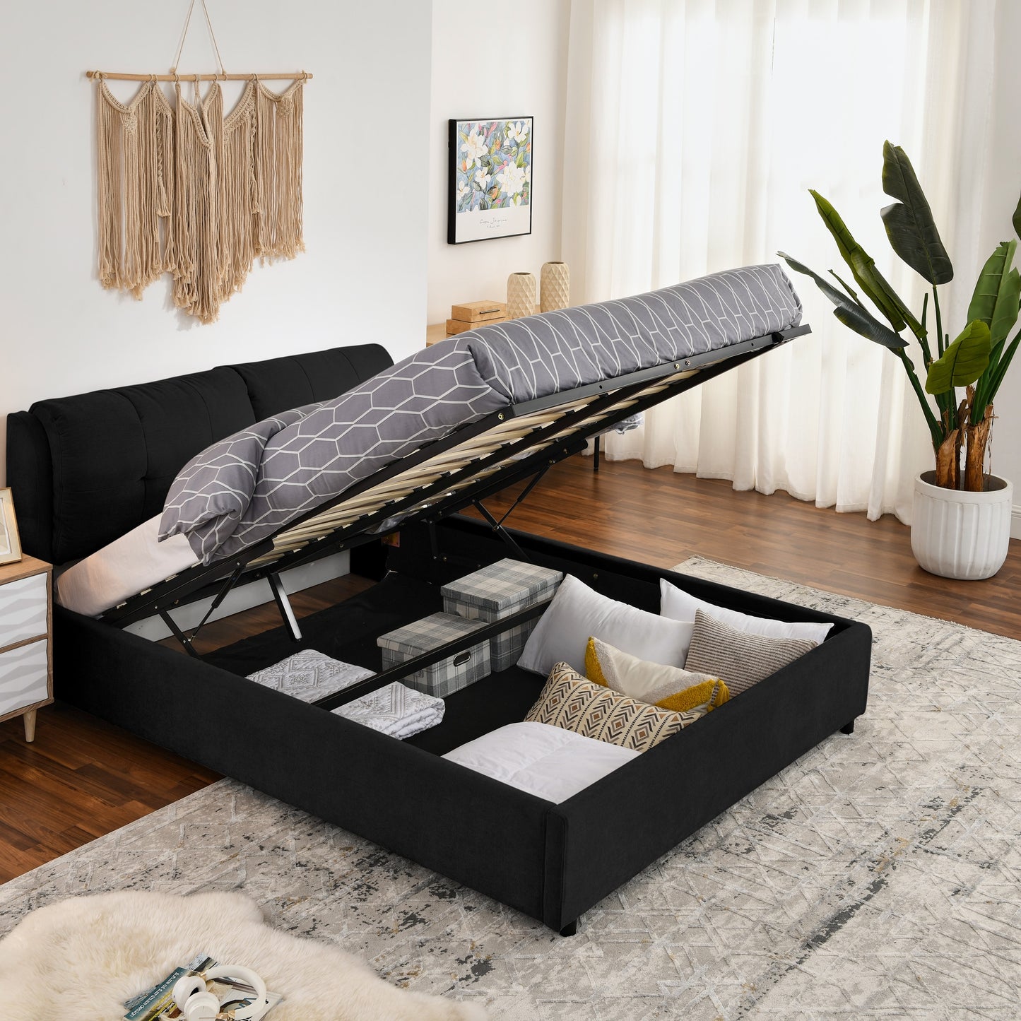 LOVMOR Queen Size Storage Upholstered Hydraulic Platform Bed Chenille Headboard Black