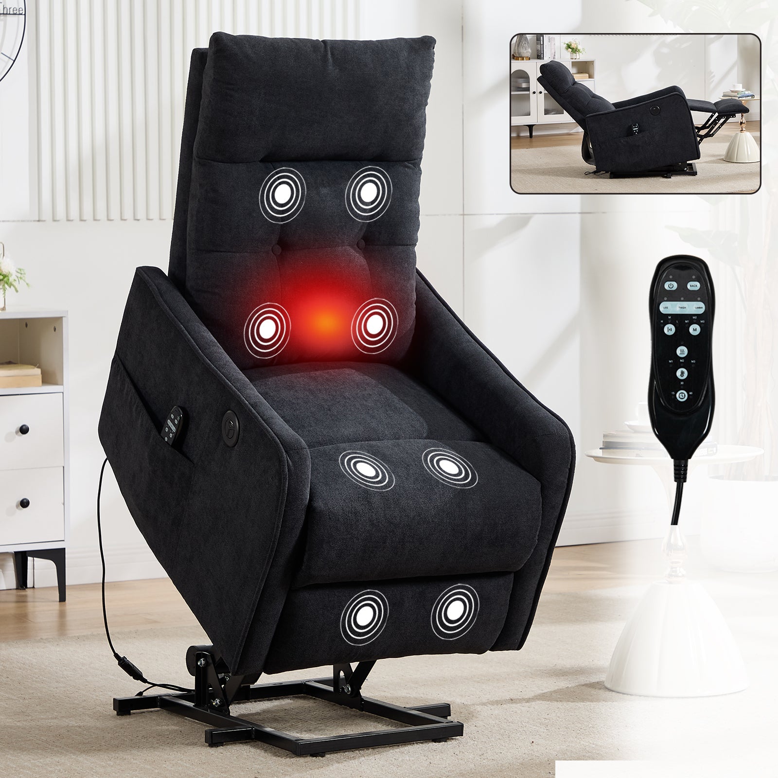 Boyel Living Black Chenille Single Motor Power Lift Recliner Chair with Massage and Heat for Elderly Heavy Duty Motion Mechanism and One USB for Charging