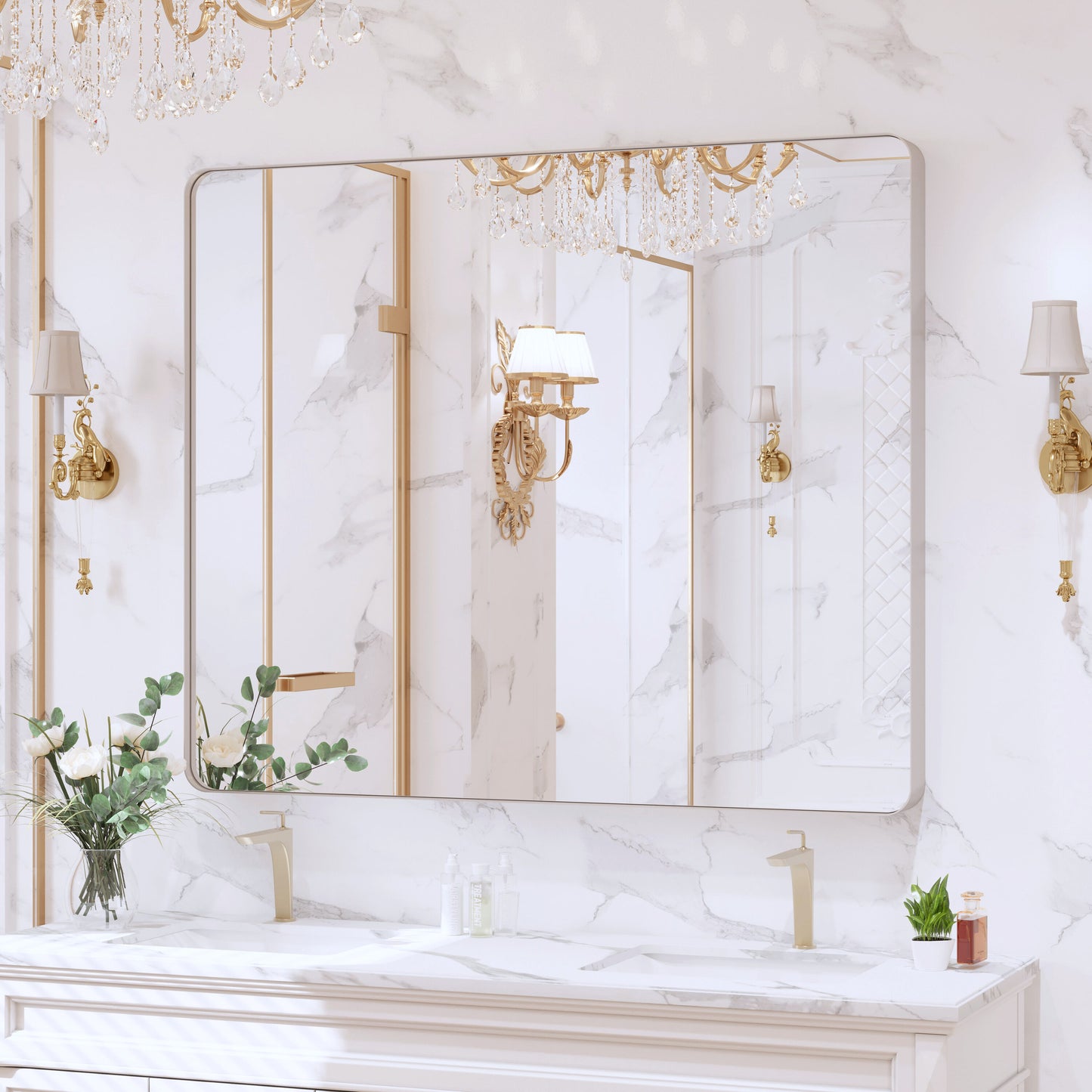 JANSNO Ptjz 48-in x 40-in Framed Rectangle Bathroom Vanity Mirror ( Brushed Nickel )