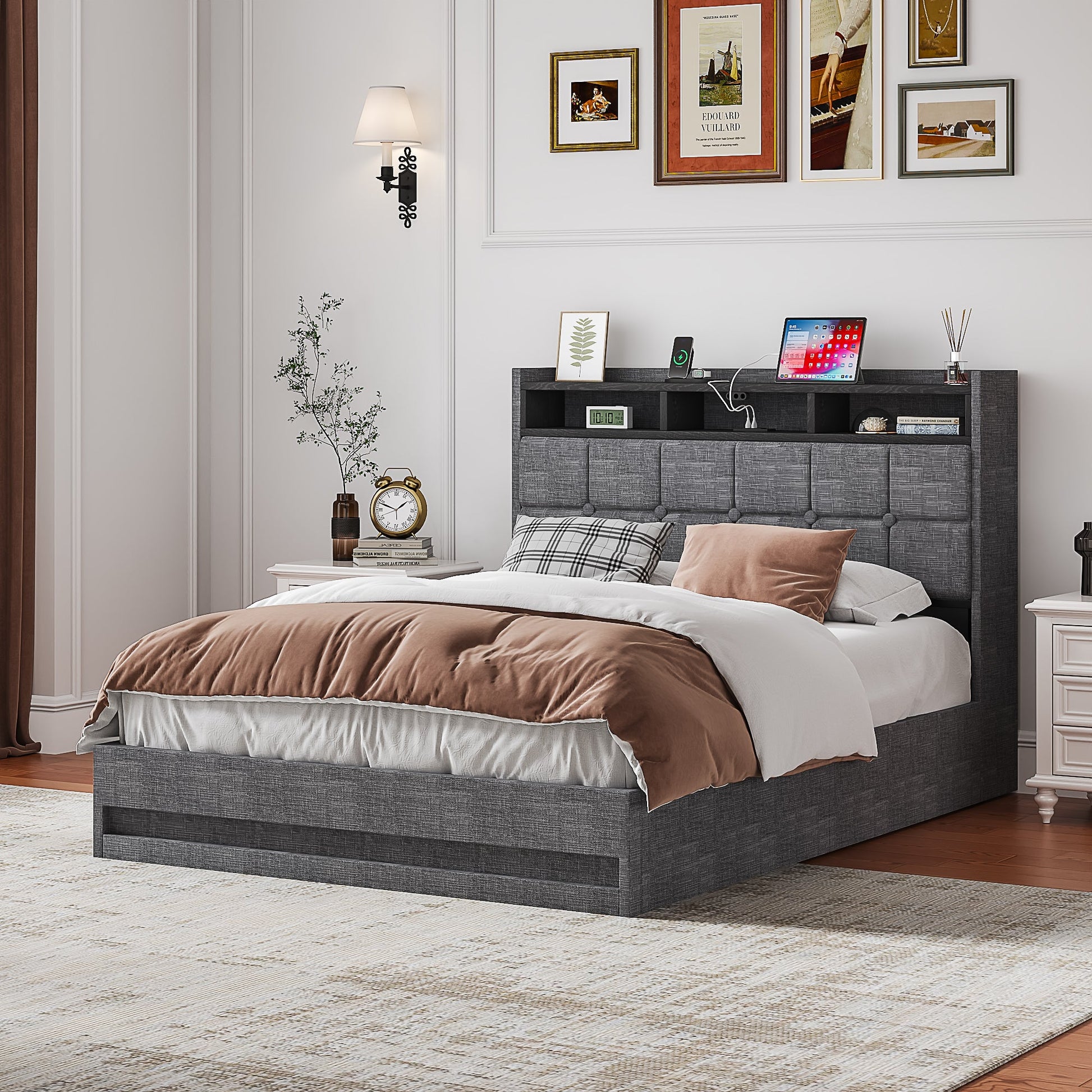 Vecelo LED Queen Size Lift Up Storage Bed Upholstered Platform Bed Frame USB Charging Station