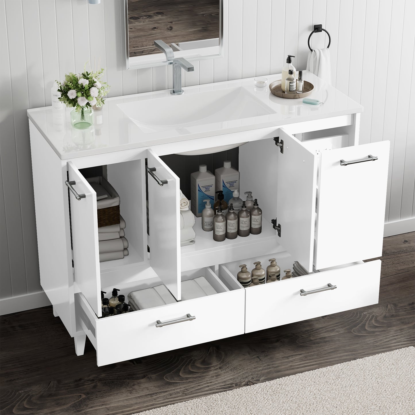 JEAREY Easy installation Vanities 48-in Gray Single Sink Bathroom Vanity with White Polymarble Top