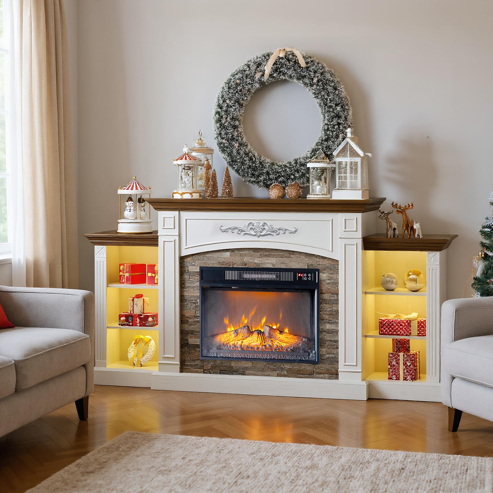 VINGLI 70-in Electric Fireplace TV Stand with Mantel LED Light Adjustable Shelves and Remote Control Included Distressed White and Barnwood (Split into 2 Shipments)