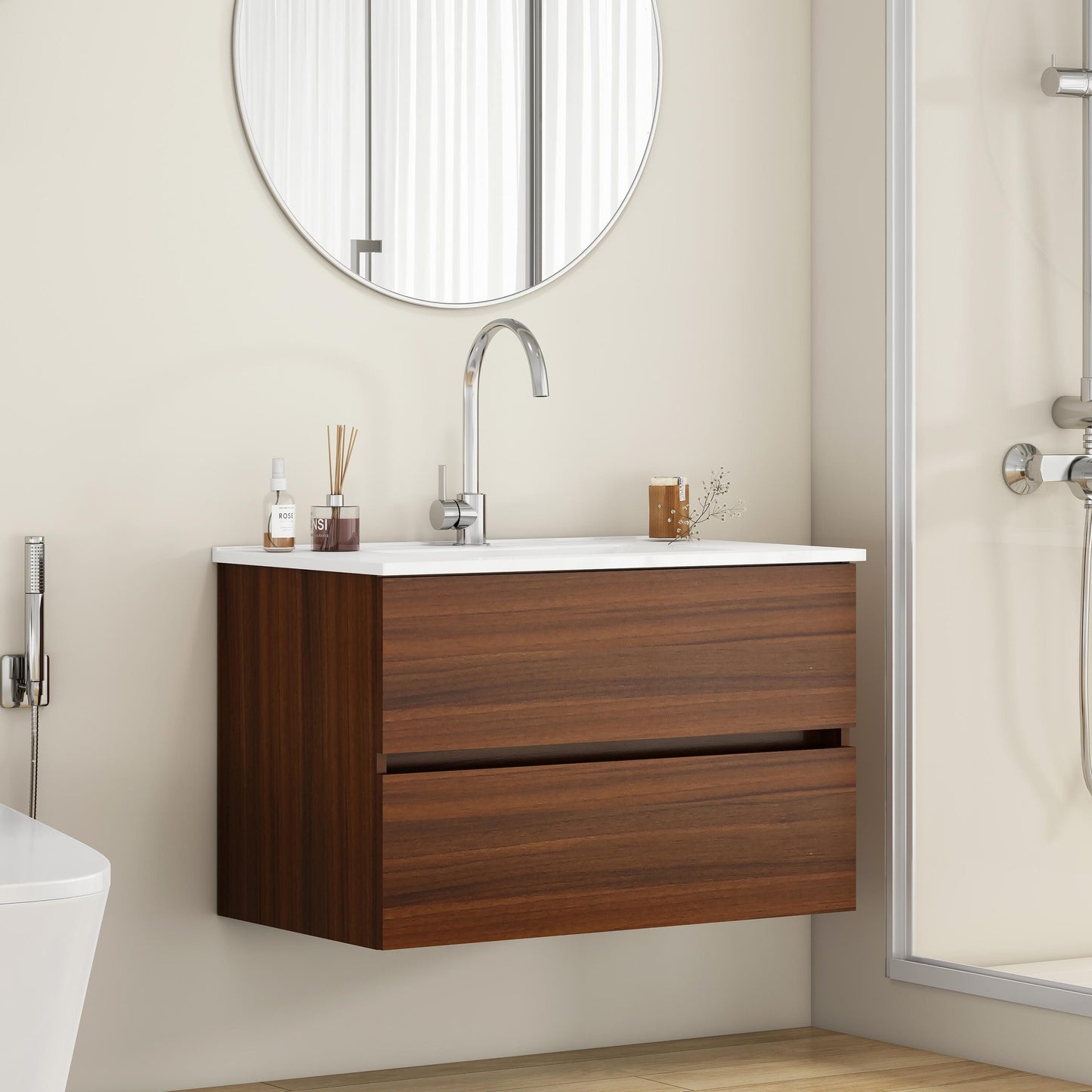 LOVMOR 32 Inch WallMounted Bathroom Vanity 2 Drawers SoftClose Ceramic Sink No Handle Walnut