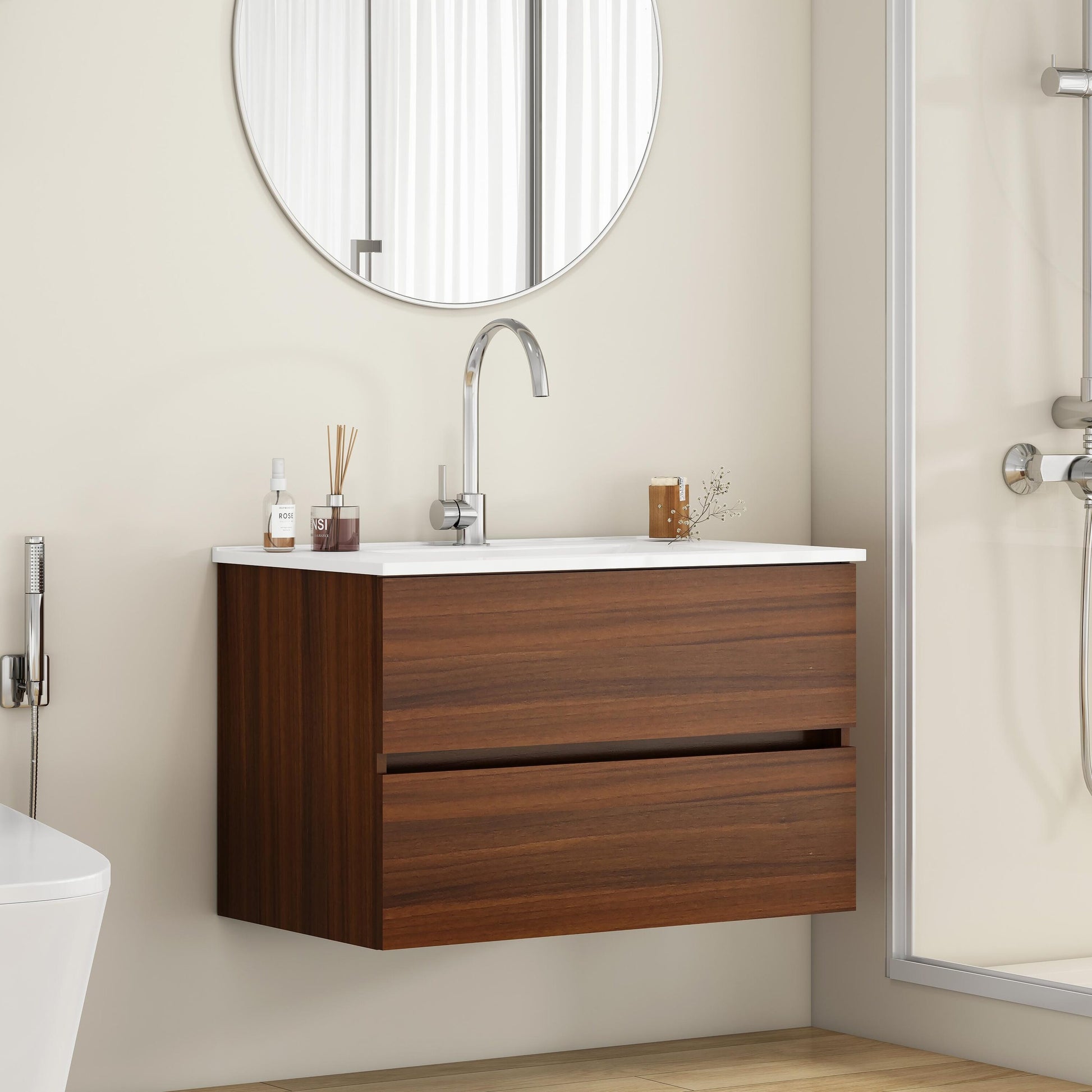 LOVMOR 32 Inch WallMounted Bathroom Vanity 2 Drawers SoftClose Ceramic Sink No Handle Walnut