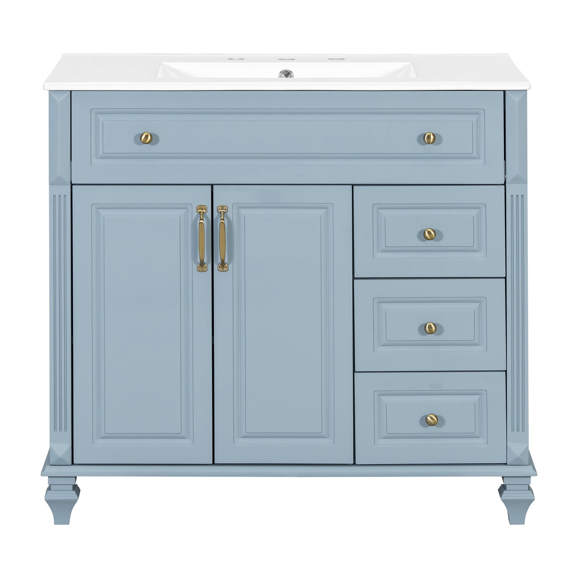 LOVMOR 36 Inch Bathroom Vanity with Sink Blue Grey Solid Wood 3 Drawers 2 Doors Golden Handles