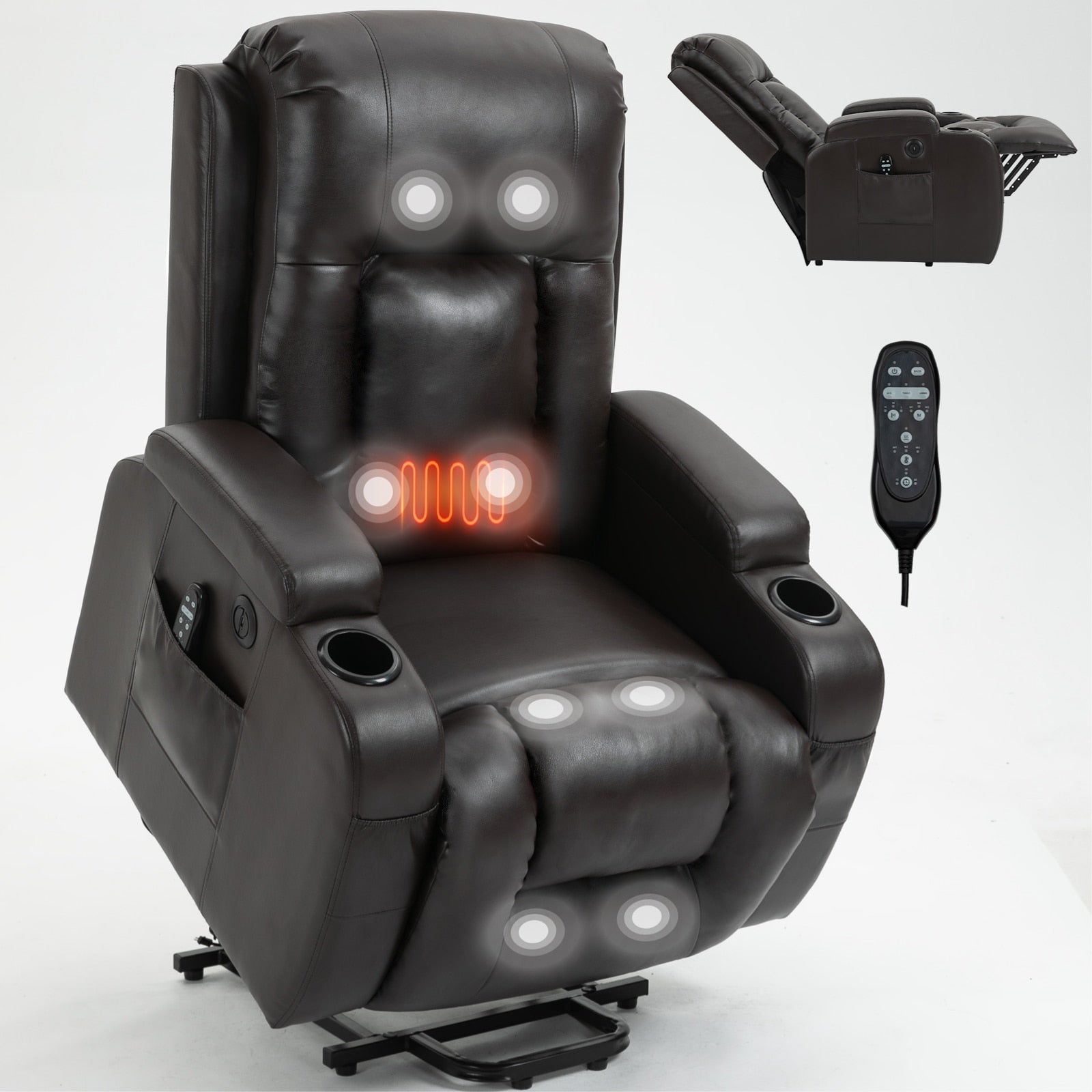 LOVMOR Power Lift Recliner Chair Heavy Duty Motion Mechanism with 8-Point Vibration Massage and Lumbar Heating USB Charging Port Cup Holders Brown