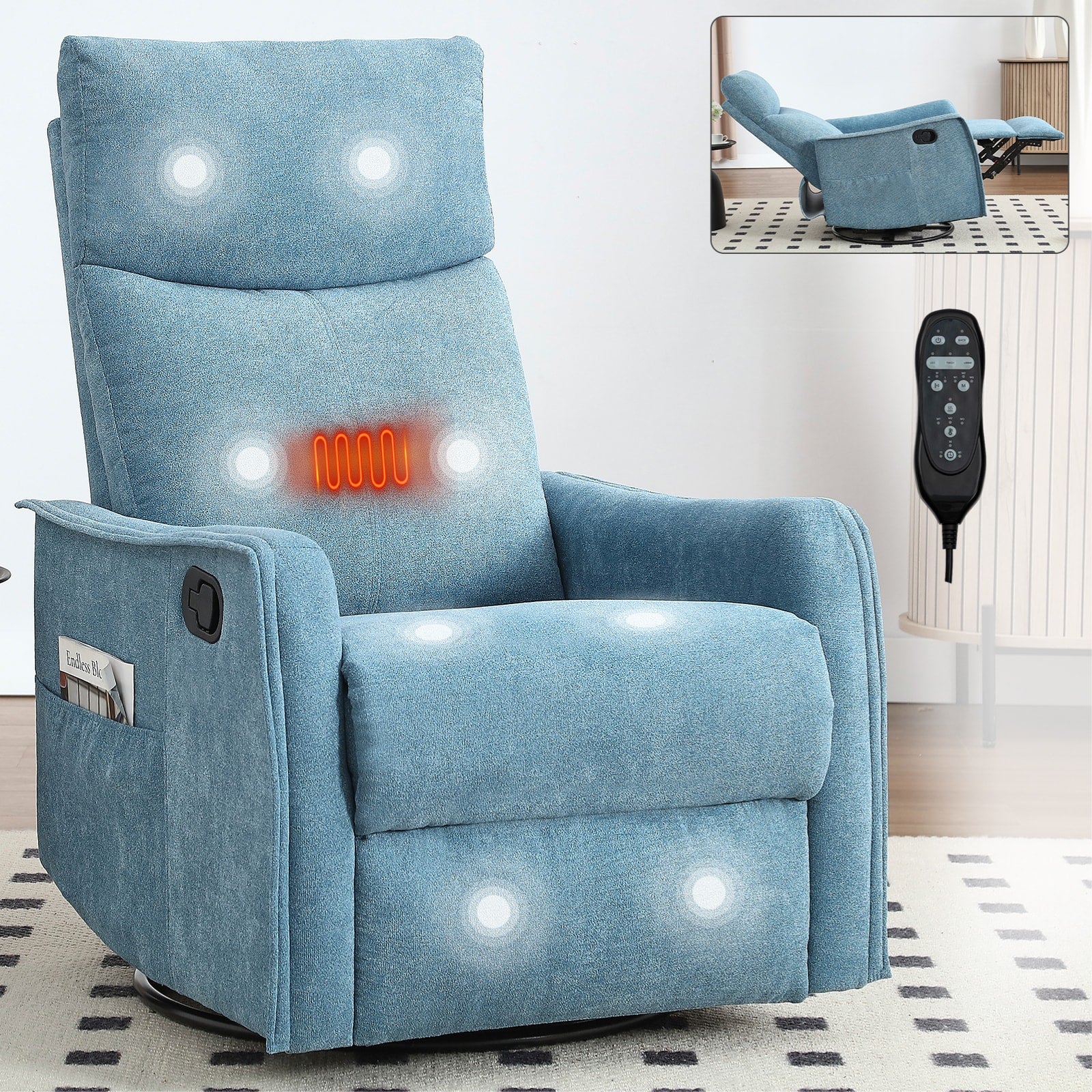 LOVMOR Heat Massage Manual Recliner Chair with Rocker and Swivel in Fabric for Living Room Blue