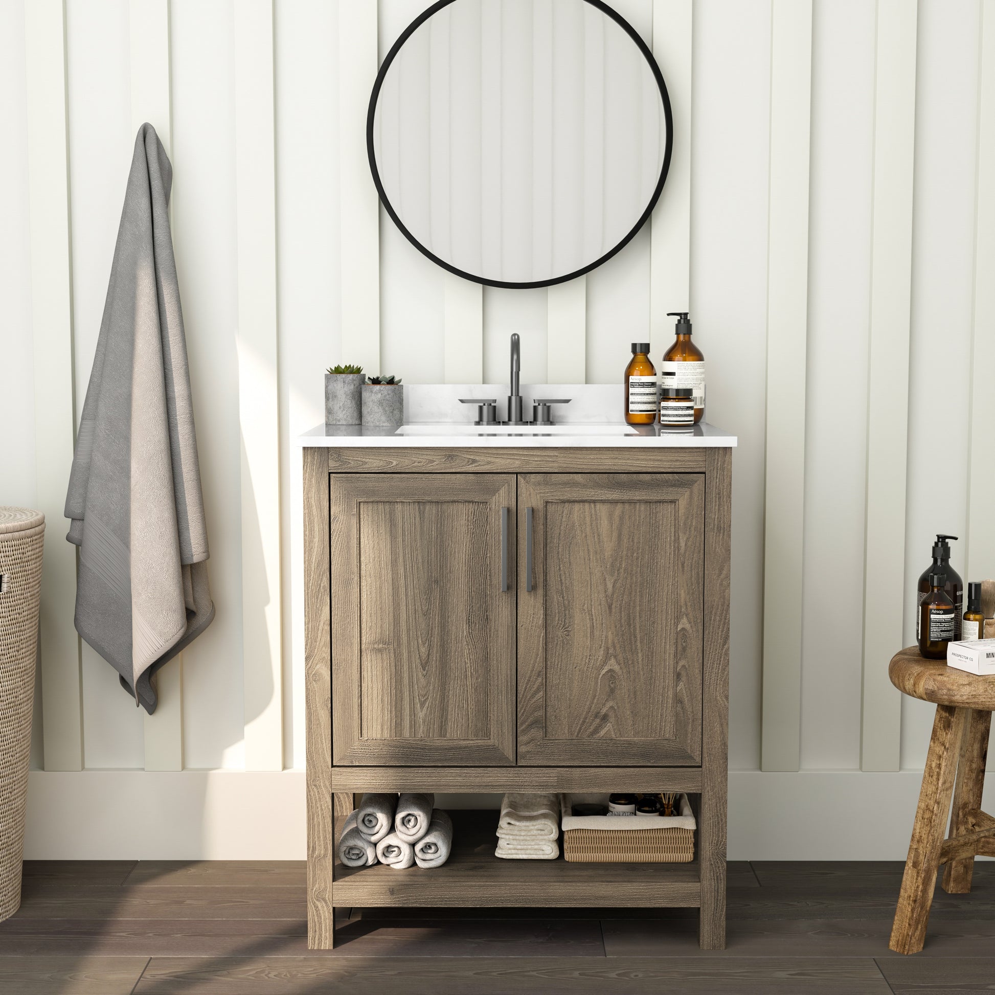 Merrick Lane Vigo 30 Inch Bathroom Vanity with Ceramic Sink; Carrara Marble Finish Countertop; Storage Cabinet with Soft Close Doors and Open Shelf in Brown