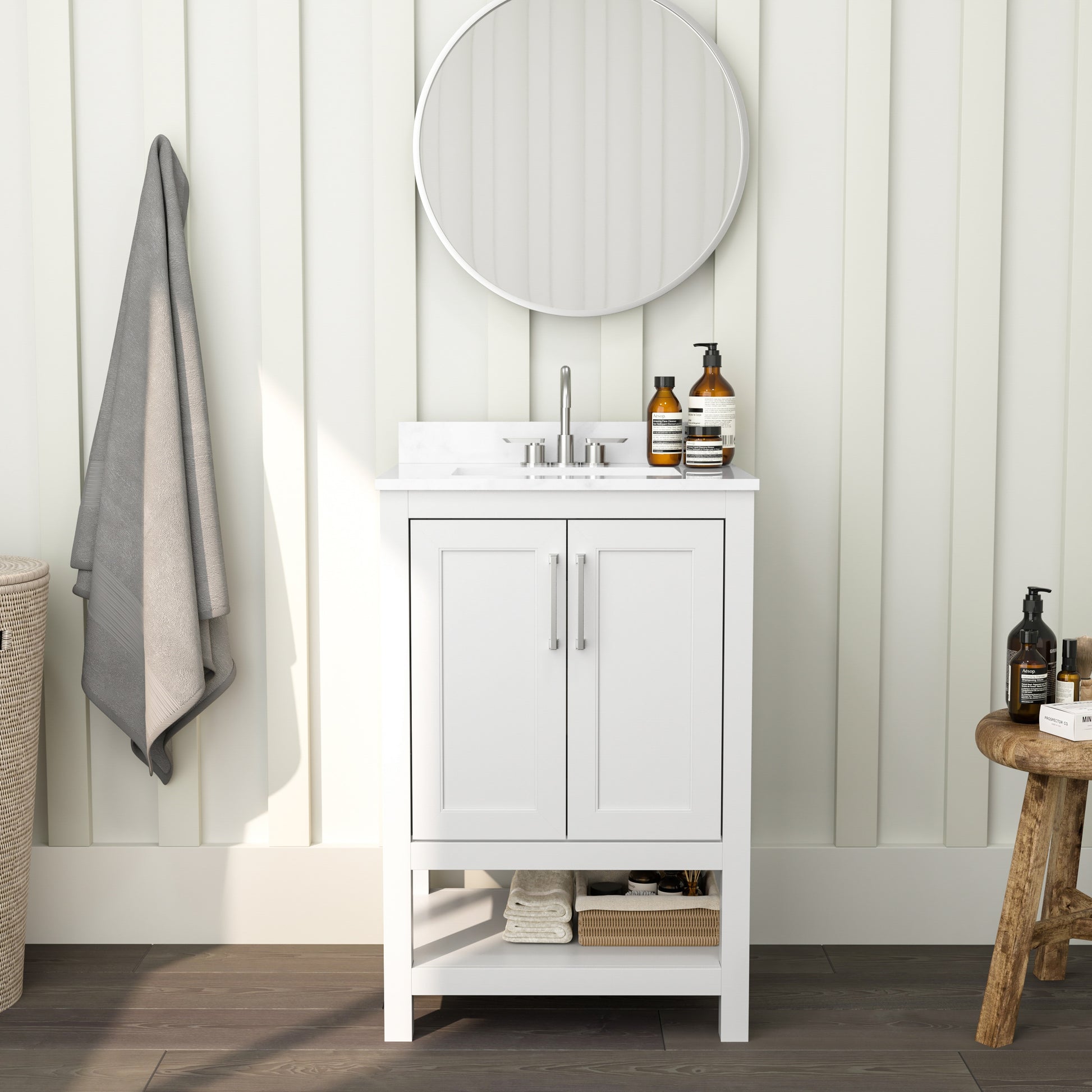 Merrick Lane Vigo 24 Inch Bathroom Vanity with Ceramic Sink; Carrara Marble Finish Countertop; Storage Cabinet with Soft Close Doors and Open Shelf in White