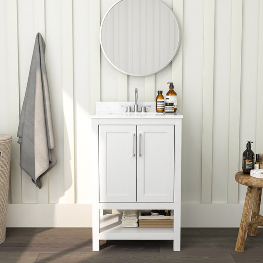Merrick Lane Vigo 24 Inch Bathroom Vanity with Ceramic Sink; Carrara Marble Finish Countertop; Storage Cabinet with Soft Close Doors and Open Shelf in White